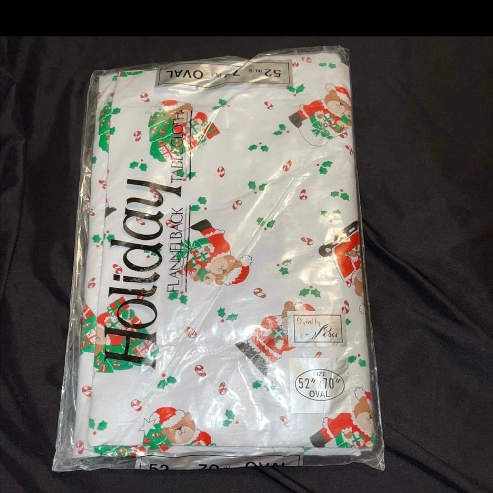 Vintage Holiday Santa Bear Flannel Back Tablecloth Oval 52” x 70”